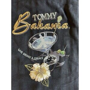 Tommy Bahama Silk Shirt Men's Sz M Black Holliday Embroiled “Give Drinks Chance”